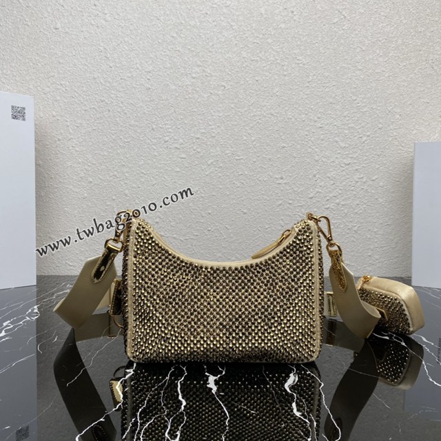 Prada專櫃2023新款金色系閃鑽三合一女包 1BH204 普拉達仿水晶編織肩帶鏈條肩背包 csp1556